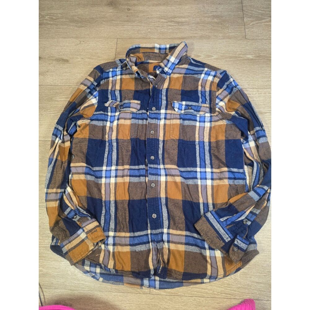 George Size Large Men's Button Down Blue and Brown Flannel Shirt